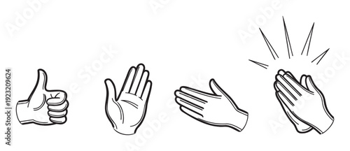 Set of outlined hand gestures including thumbs up, open palm, and enthusiastic clapping, perfect for conveying approval, welcome, or celebration in communication and educational materials.