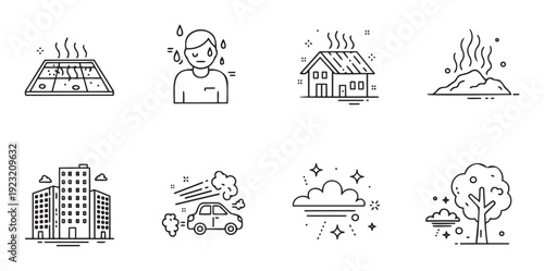 Conceptual line icons depicting various environmental topics such as global warming, extreme heat, air pollution, city buildings, and natural elements like clean air and trees for