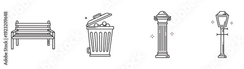 Vector line icons of essential urban infrastructure components like a park bench, garbage bin, street lamp, and decorative column, perfect for public space infographics or architectural