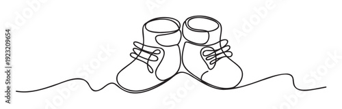 Sweet minimalist continuous line drawing of tiny baby shoes symbolizing new beginnings and parental love perfect for maternity and childcare related marketing materials or nursery decoration