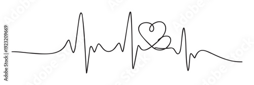 A continuous black line forming an electrocardiogram heartbeat pulse with two intertwined hearts representing love and health, perfect for wellness and relationship designs.