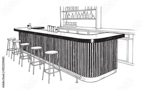Detailed line drawing of a vintage style bar counter featuring multiple stools and a back shelf filled with various bottles and glasses, ideal for hospitality and nightlife venue