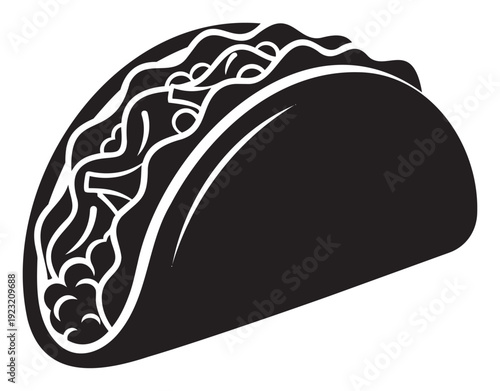A stylized graphic icon of a crunchy hard shell taco filled with various ingredients, perfect for restaurant menus, food blogs, or culinary marketing materials
