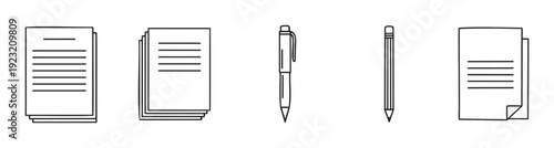 Various essential office stationery items including multiple stacks of paper documents, a writing pen, and a classic pencil, perfect for business, education, and administrative graphic