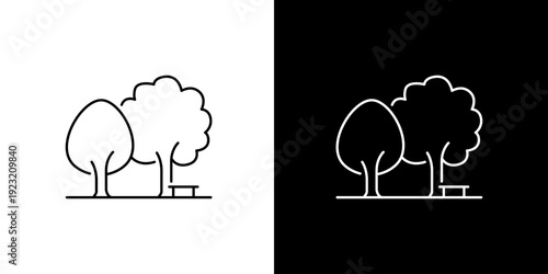 Minimalist outline park scene icon featuring two trees and a tranquil bench, ideal for representing nature, relaxation, and public green spaces in a clean, scalable vector design