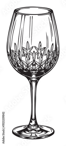 Classic black and white engraving of an elegant decorated crystal goblet, perfect for sophisticated beverage advertisements, menu designs, or upscale event branding materials.