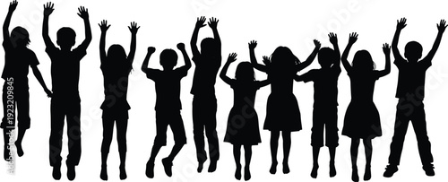 Black silhouettes of eleven children standing with raised arms, joyful celebration poses, happiness excitement group activity illustration design