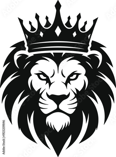 Majestic crowned lion head illustration, royal animal emblem, powerful king of beasts design, regal authority symbol, bold artistic vector
