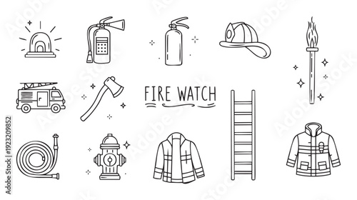 Collection of essential fire watch equipment and safety tools presented as detailed line icons for educational resources and emergency preparedness materials