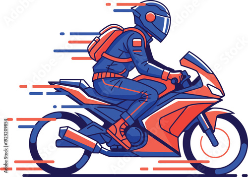 Dynamic vector illustration of a rider in a blue suit and helmet speeding on a red sportbike with a backpack.