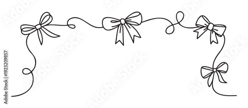 Elegant minimalist continuous line drawing showcasing festive bows and decorative ribbons, perfect for creating a charming top border on invitations, greeting cards, and document headers.