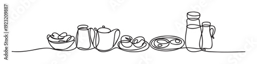 Abstract continuous line drawing of kitchen and dining essentials like a bowl, teapot, cups, and pitchers, ideal for culinary graphic projects and menu decoration needs.