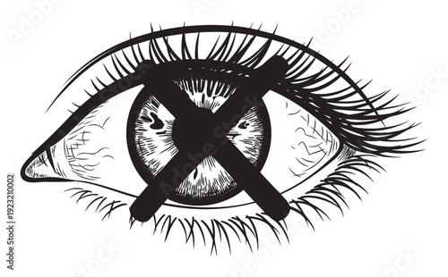 Stylized human eye graphic with a bold black X mark across the pupil symbolizing censorship, denied access, or restricted vision suitable for protest posters and social commentary media
