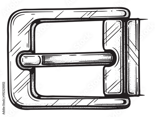 Classic metal belt buckle in a handcrafted ink sketch style, perfect for clothing accessories catalogs, fashion blogs, and vintage apparel branding materials.