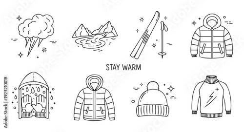 Essential winter season graphic elements showcasing cold weather, outdoor sports equipment, and warm clothing items for educational resources and seasonal promotions