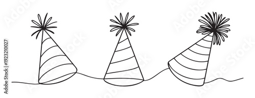 Continuous line drawing of festive party hats perfect for holiday celebrations, birthday invitations, cheerful event decorations, and playful branding materials