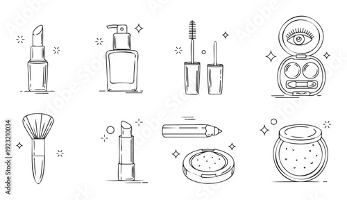 Line art collection of essential cosmetic products including lipstick mascara eyeshadow and brushes perfect for beauty product branding salon decor or skincare packaging