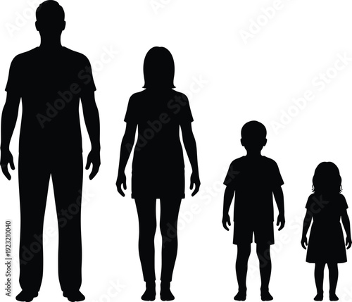 Black silhouettes of family members standing together in descending height order, parents children concept, generational unity illustration design