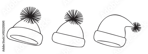 Discover a collection of outline drawings featuring cozy winter beanies and a festive Santa cap, perfect for holiday season greetings, winter apparel themes, educational materials, or