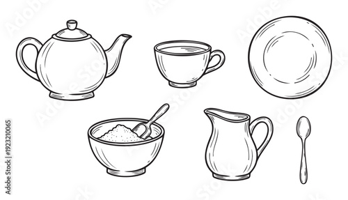 A collection of essential kitchenware and tableware items for serving hot beverages and sweet treats, perfect for menu designs, recipe books, or foodrelated publications.