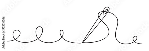 Continuous single line drawing of a sewing needle with thread forming a looping design, perfect for textile and craft industry branding, logos, or embroideryrelated promotional materials