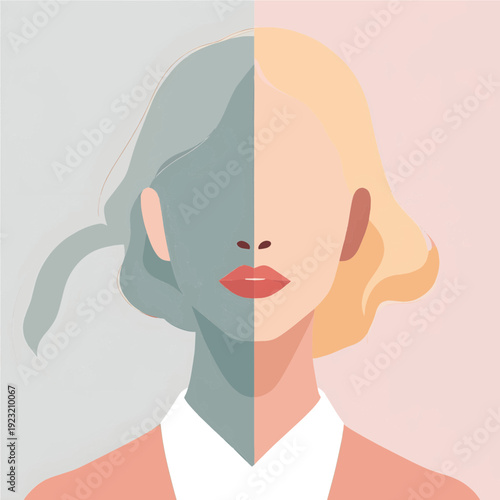 Woman portrait with split face concept for bipolar or identity