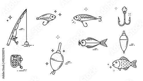 A collection of simple fishing equipment line icons featuring a rod, reel, lures, hooks, and various fish, ideal for angling hobby and outdoor activity related branding and graphic projects.
