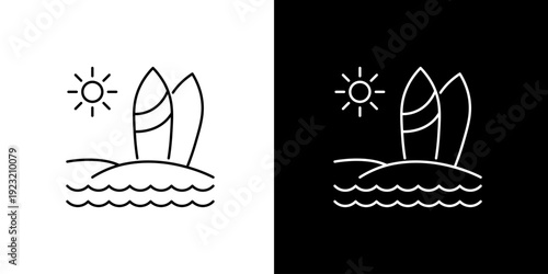 Ocean Waves and Sun with Surfboards on Beach  Icon Illustration