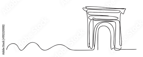 Minimalist continuous line drawing of an arch monument with a flowing wavy connection representing simplicity and modern architectural concepts for graphic design projects presentations and