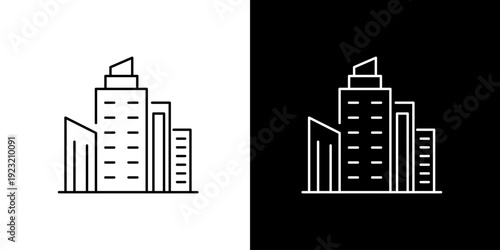 Set of Line Art Icons Representing Modern Cityscape Buildings and Architectural Structures