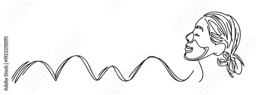Continuous line drawing of a smiling womans profile with flowing wavy lines representing sound or positive energy, ideal for communication graphics or abstract web design