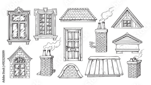 Hand drawn architectural elements collection featuring various roof types, windows, doors, and chimneys for building construction or home renovation project planning resources.