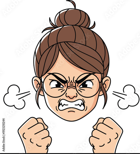 Furious cartoon woman with glasses and a hair bun steaming with anger and clenching her fists.