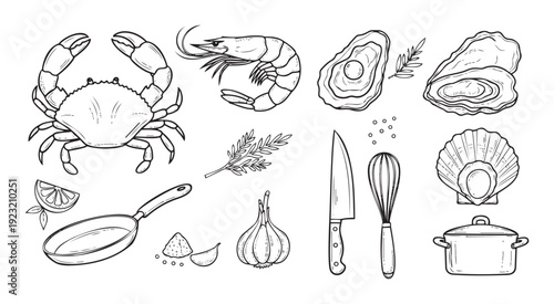 A collection of fresh seafood, cooking ingredients, and kitchen utensils perfect for restaurant menus, recipe illustrations, or culinary educational materials.