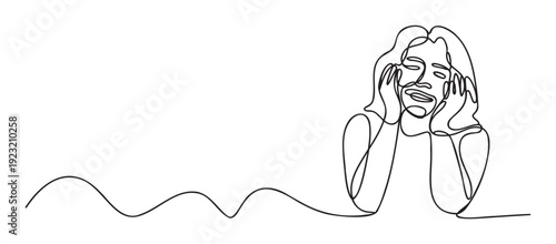 Continuous line drawing of a woman with her hands on her head expressing intense emotion, ideal for mental health awareness campaigns, psychological support materials, or wellness