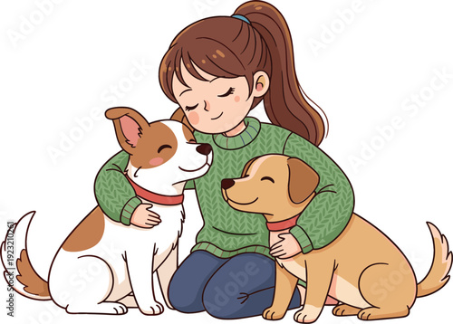 Cute anime girl in green sweater hugging two happy dogs with eyes closed peaceful friendship pet owner vector illustration isolated on white