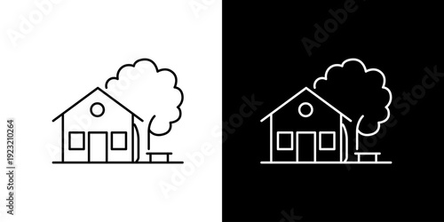 Minimalist Outline House Icon with Garden Tree and Bench, Representing Home, Residential Property, and Real Estate Living Concept Vector