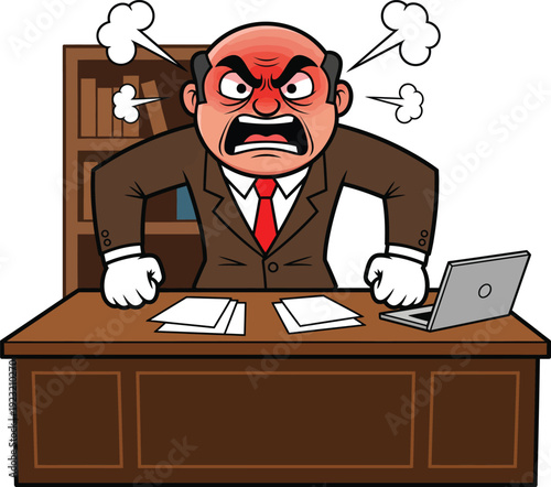 Furious cartoon businessman with a red face yelling and steaming with anger behind an office desk.