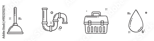 Line art icons depicting a plumbers plunger, drain pipes, a repair toolbox, and a water droplet, suitable for home improvement blogs, service advertisements, or utility infographics.
