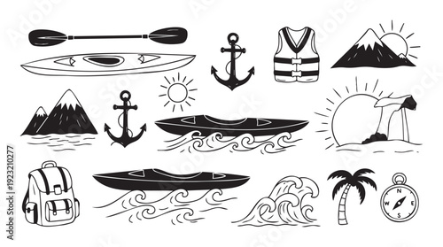 Versatile hand drawn collection of outdoor adventure and travel symbols including kayaking, boating, mountain exploration, and beach activities, suitable for various summer graphic projects