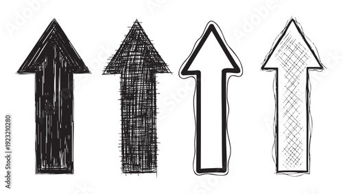 Set of handdrawn upward arrows showcasing distinct sketchy and grunge textures, perfect for versatile graphic assets, UI elements, navigational pointers, and motivational projects.