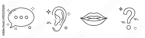 A collection of modern linear icons representing communication, listening, speaking, and questioning suitable for web interfaces, mobile applications, and conceptual presentations