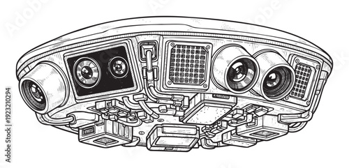 Detailed engraving style drawing of a sophisticated multilens sensor array device with complex wiring suitable for science fiction, robotics, or surveillance technology presentations