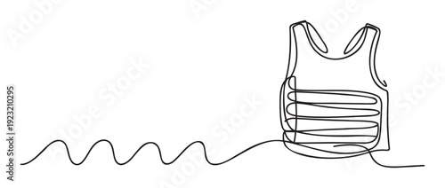 Minimalist continuous line drawing depicting a bulletproof vest, symbolizing personal protection and security, ideal for visual communication in defense or safety awareness campaigns.