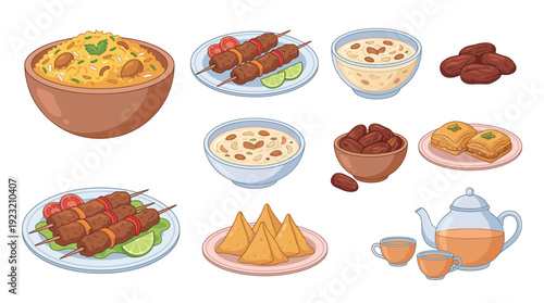 Eid Mubarak Food Vector Cartoon Illustration Set Of Delicious Traditional Islamic Meals Featuring Biryani Rice Kebab Samosa Dates Baklava And Sweet Tea