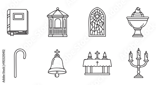 A collection of religious and churchrelated line icons including a Bible, stained glass window, baptismal font, altar, and candelabra, ideal for spiritual graphic assets and educational