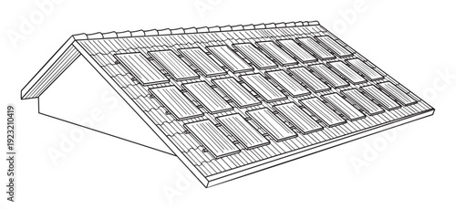 Residential house roof with solar panels installed to capture renewable energy, ideal for architectural designs, sustainable development concepts, and ecofriendly home improvement