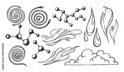 Stylized graphic sketches of molecular structures, water splashes, flame elements, puffy clouds, and abstract spiral forms ideal for scientific diagrams, environmental themes, or