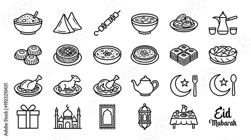 Eid Mubarak Food Vector Line Art Icons Set Featuring Traditional Islamic Feast Kebab Samosa Dates Mosque Lantern And Ramadan Dinner Elements For Celebration