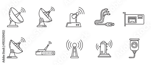 Collection of line icons representing various communication, network, and data transmission technologies for modern infrastructure and connectivity solutions.